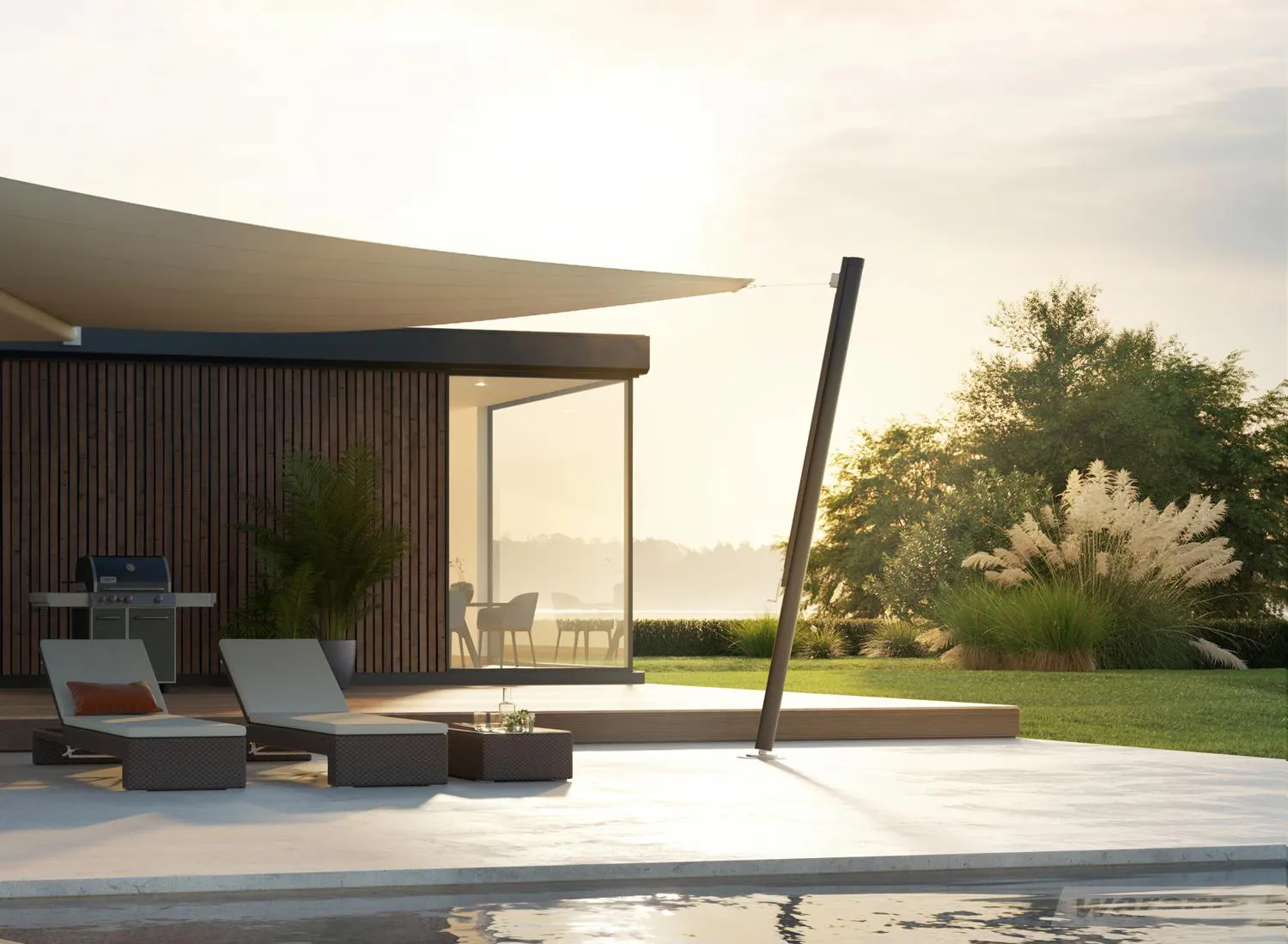 Moderne Terrasse mit Liegestühlen und Grill neben einem Pool