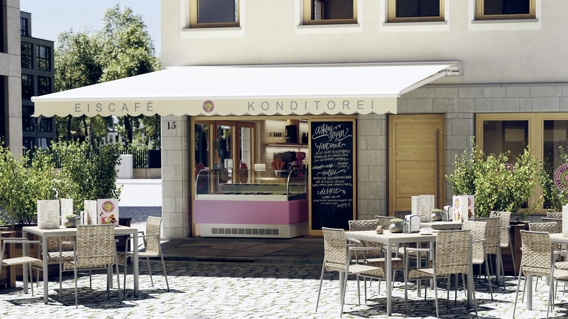Gemütliches Eiscafé mit Außenbereich und Markise