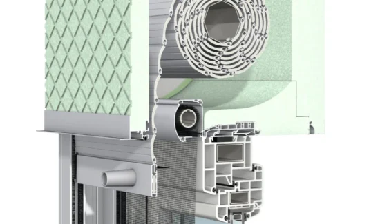 Querschnitt eines modernen Rollladen- und Fensterbau-Systems